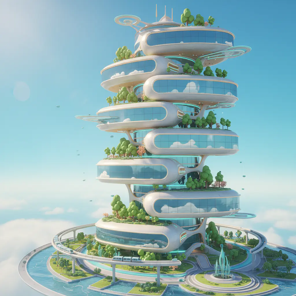 Renderização 3D estilizada de torre residencial futurista