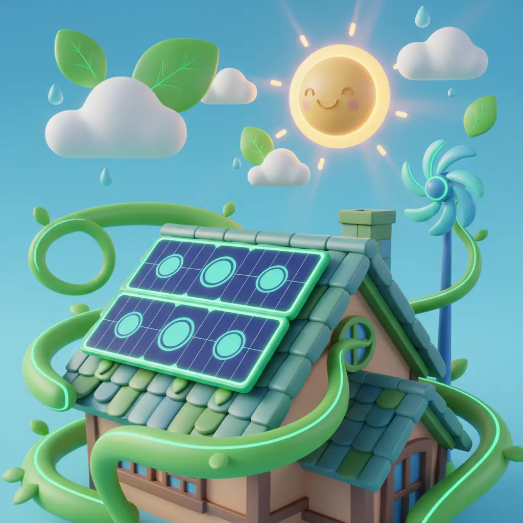 Ilustração 3D de painéis solares em edifício moderno